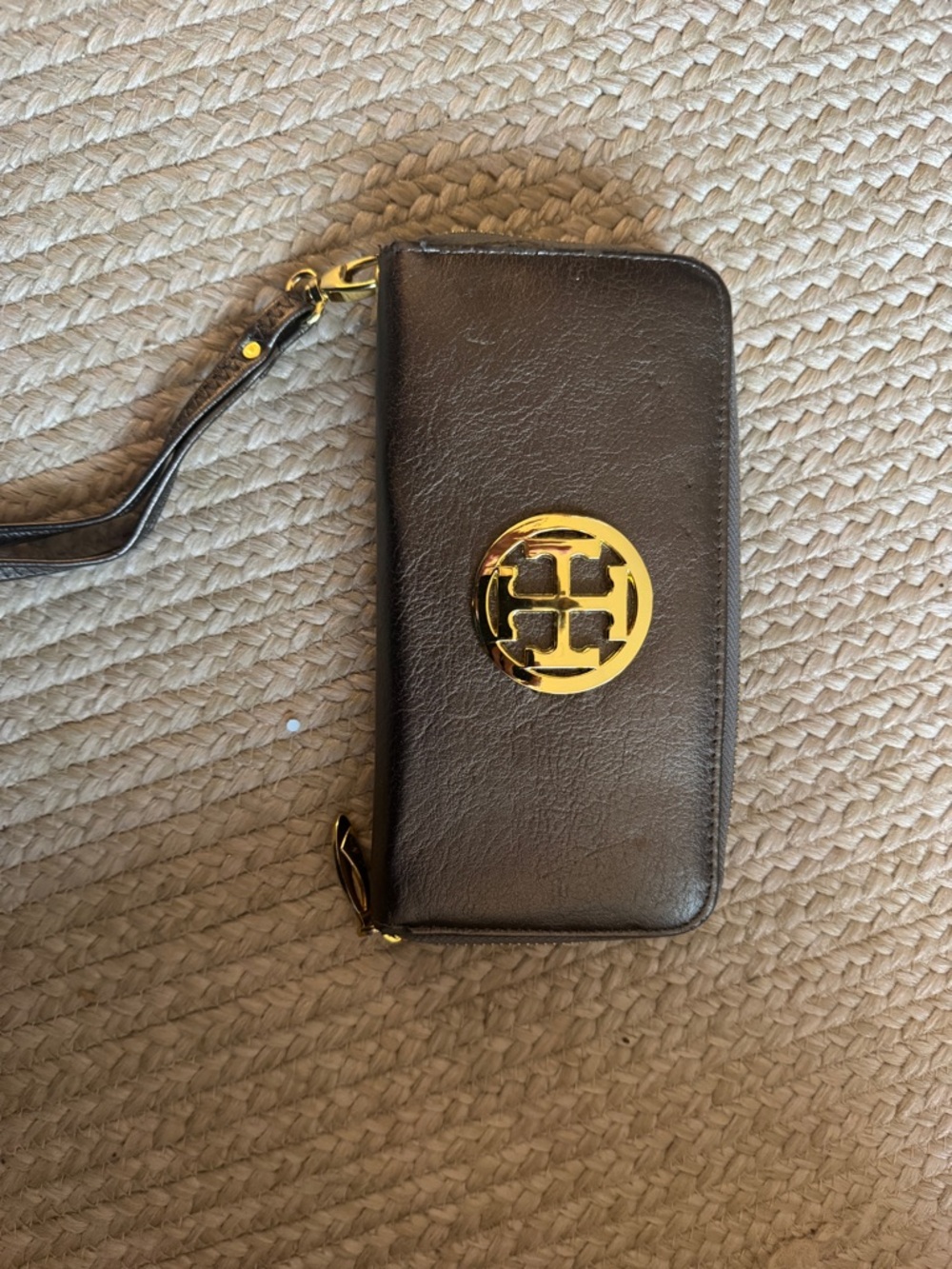 Bronze Leather Wristlet with Gold Emblem